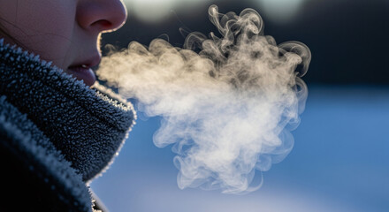 Person exhaling vapor in cold weather with frost on collar against a blurred blue background outdoors
