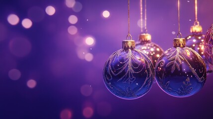 Fototapeta premium A close-up of decorative Christmas ornaments against a blurred purple background.
