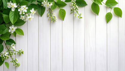 Blossom Branches on Wooden Panel: Delicate blossoms and lush green leaves gracefully adorn the top and sides of a wooden panel, symbolizing new beginnings and freshness
