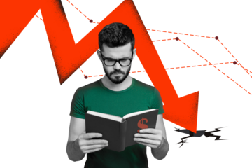 Creative collage image young man read book business startup economy downfall trader knowledge negative stats crisis recession