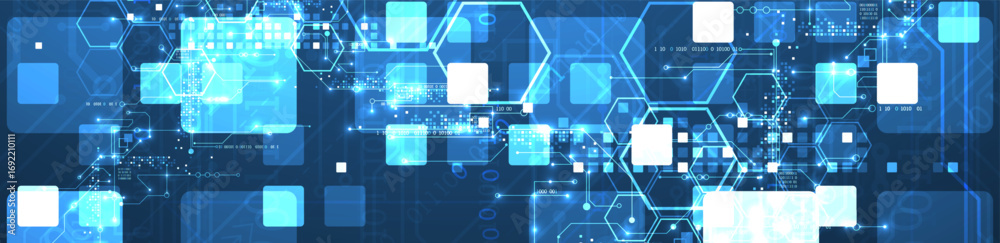 Wall mural a technical background using technological lines, squares, and hexagons combined into an art composi