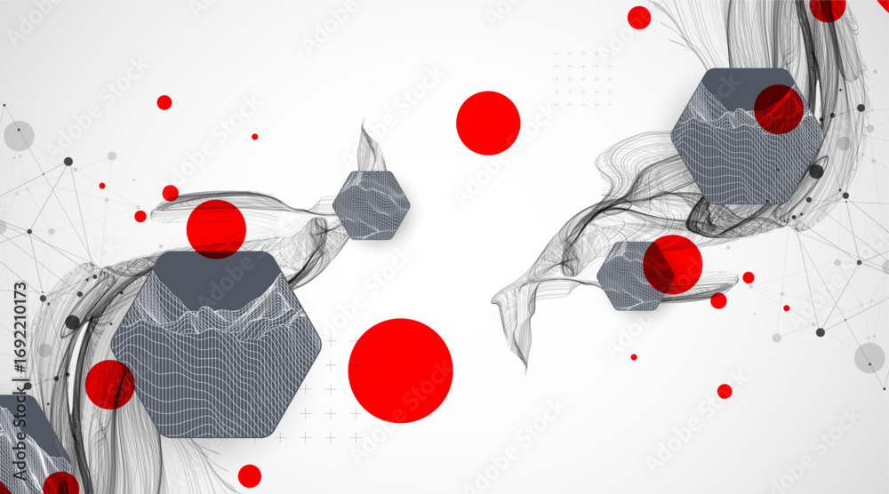Wall mural scientific and technological background. wave with wireframe hexagons of different types on a gray g
