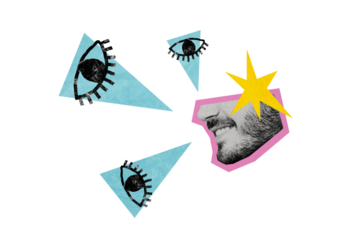 Composite artwork sketch image collage of draw painting caricature half face eye watch see friends half face young man beard smile star