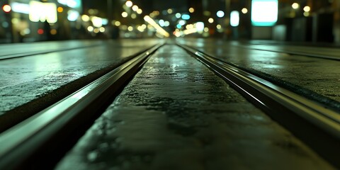 Wet Tram Tracks Night With