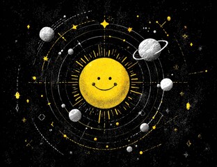 A sun with a smiley face, surrounded by planets and stars in a cosmic design
