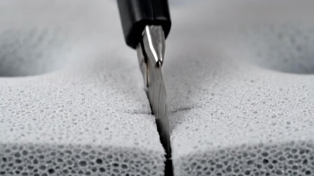 Cutting Into White Polystyrene Foam With a Sharp Utility Knife in a Studio Environment During Daylight Hours