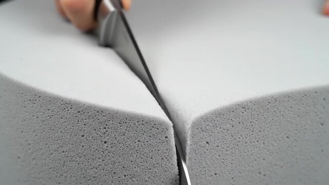 Knife Cutting Into Grey Memory Foam, Close Up Slow Motion ASMR - Daytime Activity in Kitchen