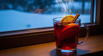 Steaming mulled wine with orange and cinnamon stick by the window on a cold winter day scene