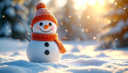 Obraz premium Cheerful Snowman in Winter Wonderland: A charming snowman, adorned with a cozy knit hat and scarf, stands amidst a snow-covered landscape, bathed in the warm glow of sunlight.