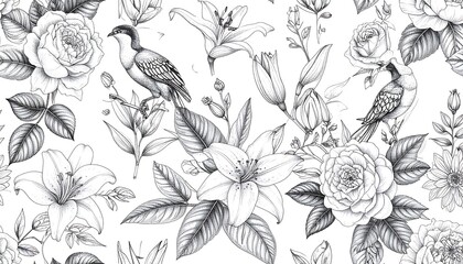 Elegant black and white floral pattern with birds