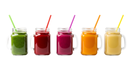 Colorful fresh fruit smoothies in mason jars representing healthy eating and lifestyle choices  Isolated on transparent background