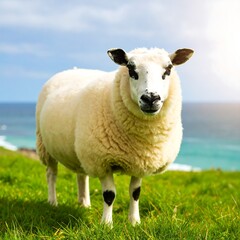 Obraz premium Sheep in a grassy field by the ocean