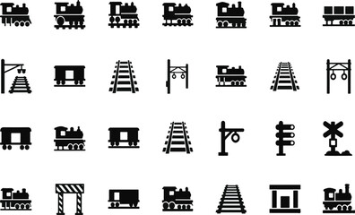 Obraz premium Train Icons Set: Black Railway Symbols, Locomotives, Tracks, Signals, Stations, Crossings, and Transportation Graphics for Design Projects