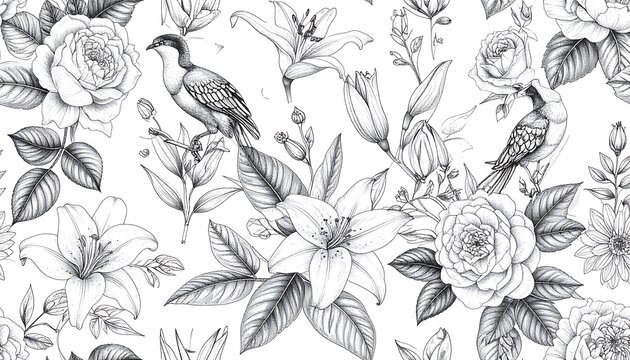 Elegant black and white floral pattern with birds