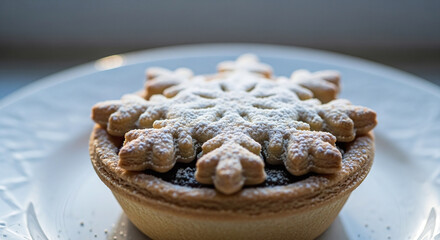 Close up of a mince pie with a snowflake pastry topping dusted with powdered sugar on a white plate