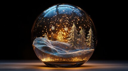 A snow globe featuring a winter scene with trees and shimmering snowflakes.