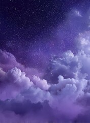 Night sky, clouds, and stars.  Purple and white hues dominate the image, with clouds swirling in a dramatic fashion against a backdrop of glittering stars.