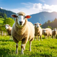 Obraz premium Sheep in a grassy meadow, mountains in the background