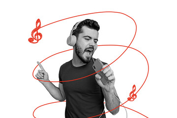 Composite photo collage of happy man wear headphones listen music sound melody hold phone device...