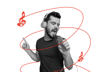 Composite photo collage of happy man wear headphones listen music sound melody hold phone device party isolated on painted background