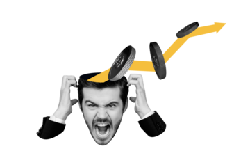 Photo collage picture young businessman head caricature head hole arrow dynamic stats progress economy finance money earning