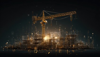 Golden crane over a digital city in construction