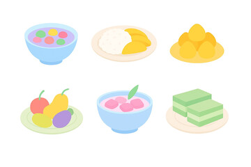 Thai Dessert Vector Set – Mango Sticky Rice, Bua Loy, Thong Yip, Luk Chup, Tub Tim Krob, Khanom Chan