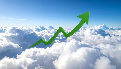 A green upward trend line graph over fluffy white clouds against a vibrant blue sky