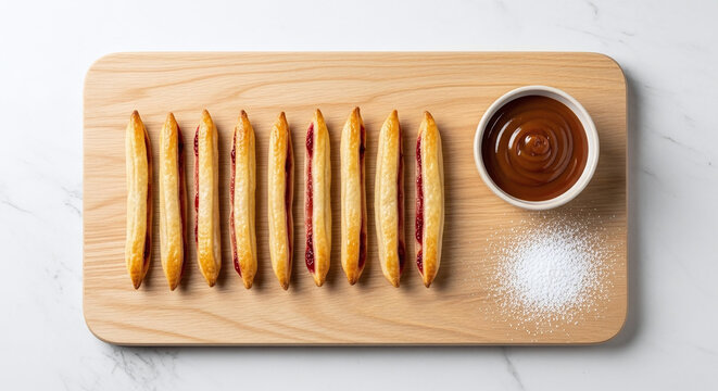 A wooden board displaying pastry sticks with red filling, a bowl of chocolate, and sugar sprinkled