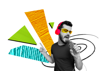 Composite photo collage of happy excited guy gold iphone device wear wired headphones music relax dance isolated on painted background