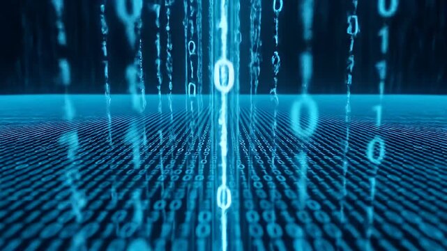 Abstract Digital Binary Code Flowing in a Blue Futuristic Environment