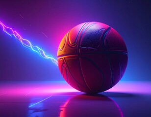 Obraz premium A vibrant basketball illuminated by neon lights, with a streak of energy emanating from it.