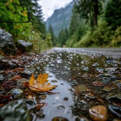 Fototapeta premium A fallen leaf rests in a puddle on a gravel road, surrounded by autumnal foliage and a misty mountain backdrop