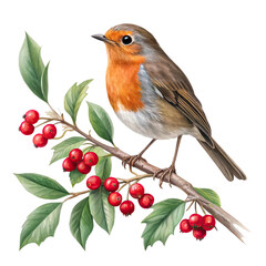 A detailed watercolor illustration of a european robin perched on a hawthorn branch with red berries isolated on transparent background