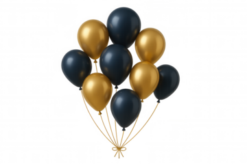 Gold, black balloons floating weightlessly, creating festive ambiance for event design, party graphics