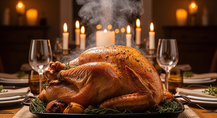 A thanksgiving feast with a roasted turkey centerpiece and candlelit ambiance on a decorated table