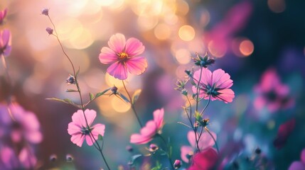 Pink cosmos flowers bloom in a field of soft, golden light.
