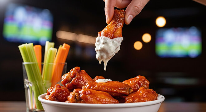 Close up of hand dipping a chicken wing in ranch with celery and carrots and a tv in the background