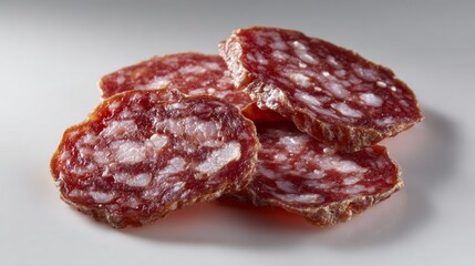 Obraz premium Slices of Italian salami arranged for an appetizing display on a neutral background for a gourmet experience