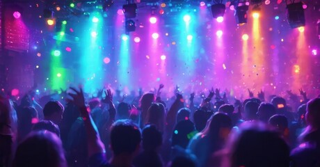 Fototapeta premium Crowd enjoying vibrant nightclub scene. Lights, confetti create energetic atmosphere. People raising hands, celebrating music.