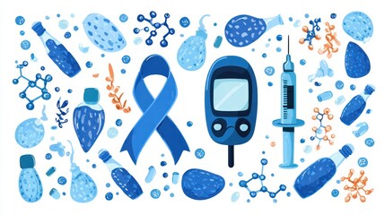 World Diabetes Day awareness medical illustration - Diabetes Awareness Concept with Glucometer and Blue Ribbon Illustration.  highlighting blood sugar monitoring, healthcare support, healthy
