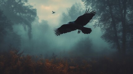Fototapeta premium A raven flies through a misty forest, with another raven in the distance, creating a mysterious and atmospheric scene.