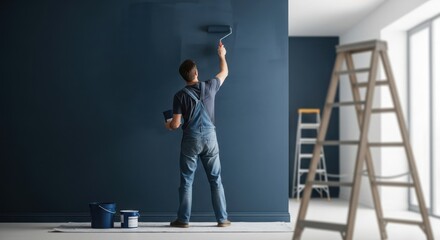 Young caucasian male painting wall dark blue in home renovation scene