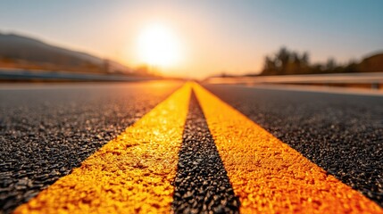 Close-up view of yellow road markings on asphalt.