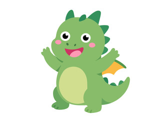 Happy green cartoon dragon with wings, smiling and waving. Fun vector illustration for kids, fantasy themes, games, storybooks, posters, and playful design projects.