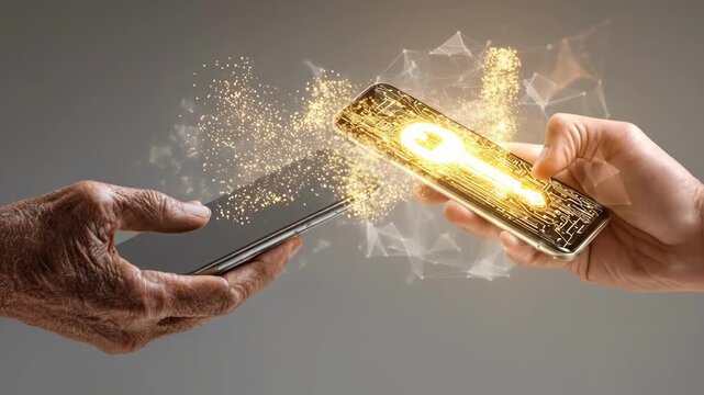 Digital Key Exchange:  A glowing digital key icon is transferred between two smartphones, symbolizing secure data transmission and technological innovation.