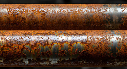 Close-up of two parallel heavily rusted metal pipes with textured corrosion
