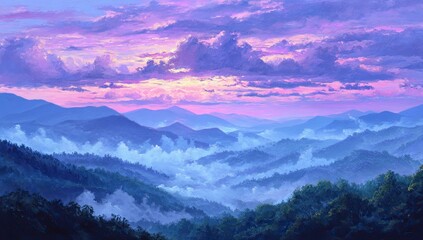 Misty mountain range at sunset.  Pastel hues paint a serene vista of rolling hills blanketed in a soft fog.  A vibrant sunset sky of pinks and purples sets the scene