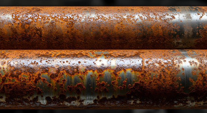 Close-up of two parallel heavily rusted metal pipes with textured corrosion - Powered by Adobe