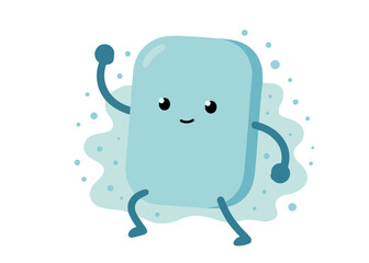 Soap bar cartoon vector illustration with happy face, bubbles and playful pose. Perfect for hygiene campaigns, kids graphics, stickers, apps and educational designs.